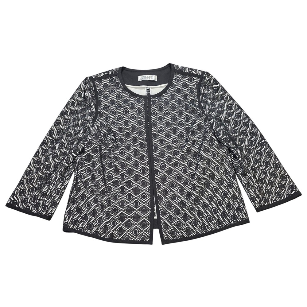 Kasper Honeycomb Open Front Blazer Womens Size 12P Black White Geometric Print